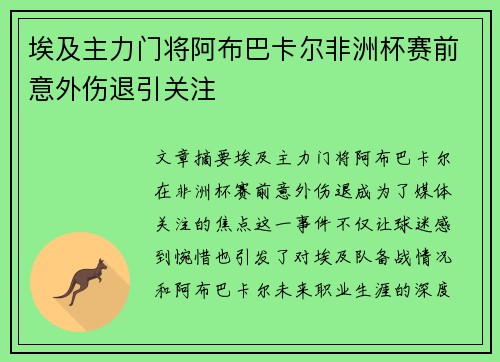 埃及主力门将阿布巴卡尔非洲杯赛前意外伤退引关注 埃及主力门将阿布巴卡尔非洲杯赛前意外伤退引关注